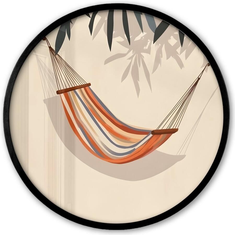 FrameYourWall Poster in lijst Rond Fotolijst 40x40 cm Posters Hangmat Kleurrijk Bladeren Schaduw Ronde posterlijst zwart Decoratie Wanddecoratie woonkamer Muurdecoratie slaapkamer