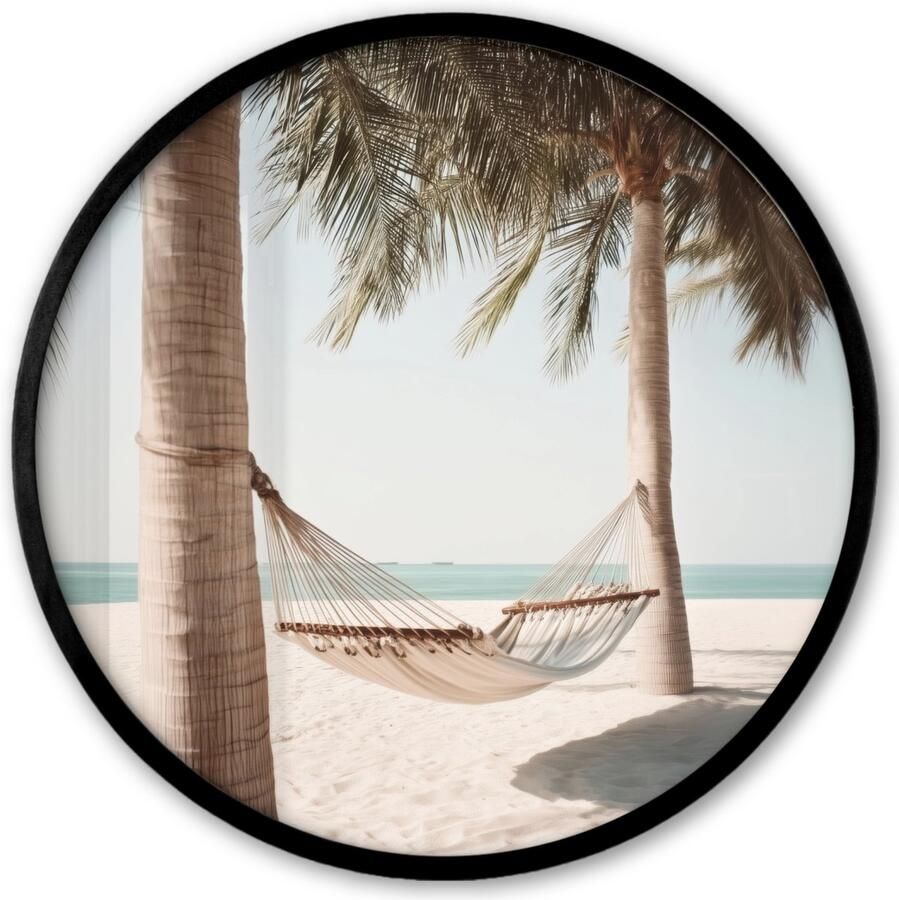 FrameYourWall Poster in lijst Rond Fotolijst 40x40 cm Posters Hangmat Palmbomen Strand Zee Ronde posterlijst zwart Decoratie Wanddecoratie woonkamer Muurdecoratie slaapkamer