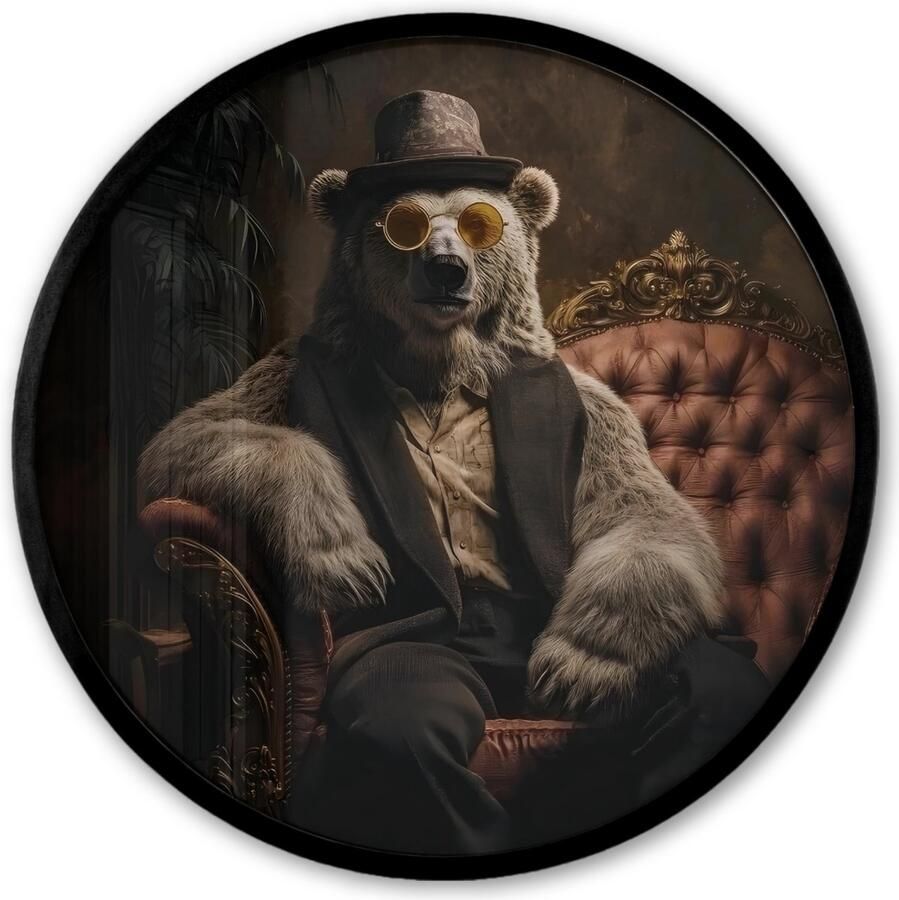 FrameYourWall Poster in lijst Rond Fotolijst 40x40 cm Posters Ijsbeer Hoed Bril Stoel Ronde posterlijst zwart Decoratie Wanddecoratie woonkamer Muurdecoratie slaapkamer