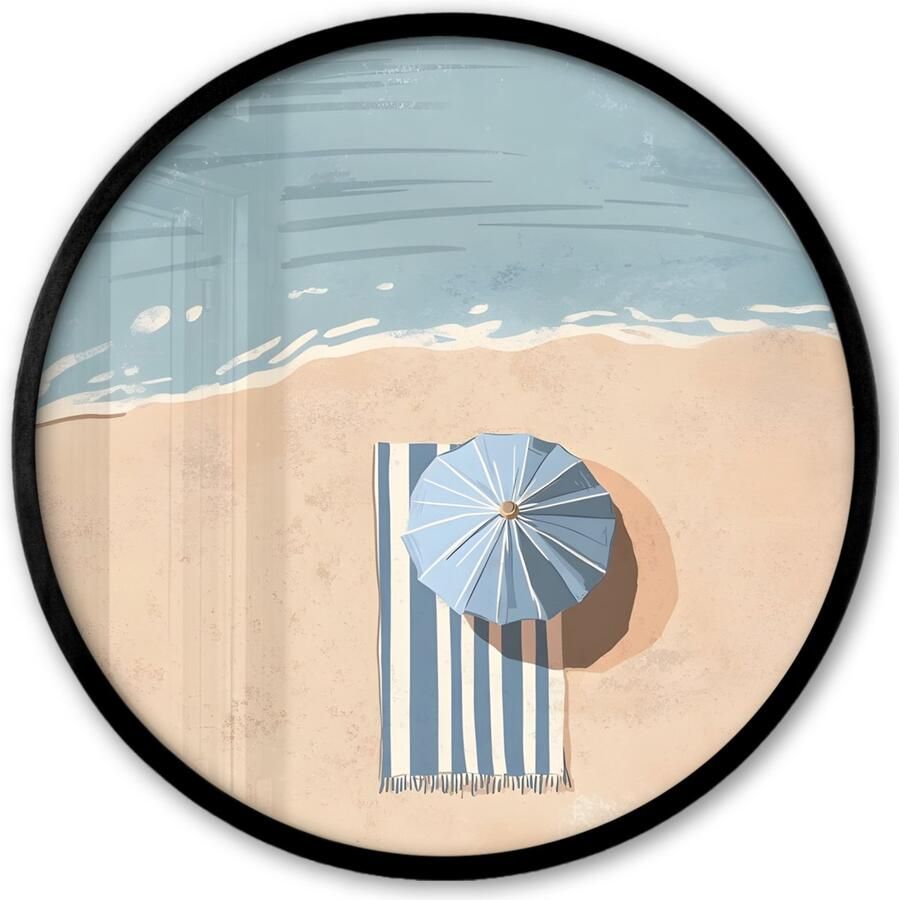 FrameYourWall Poster in lijst Rond Fotolijst 40x40 cm Posters Strandlaken Strepen Parasol Strand Ronde posterlijst zwart Decoratie Wanddecoratie woonkamer Muurdecoratie slaapkamer