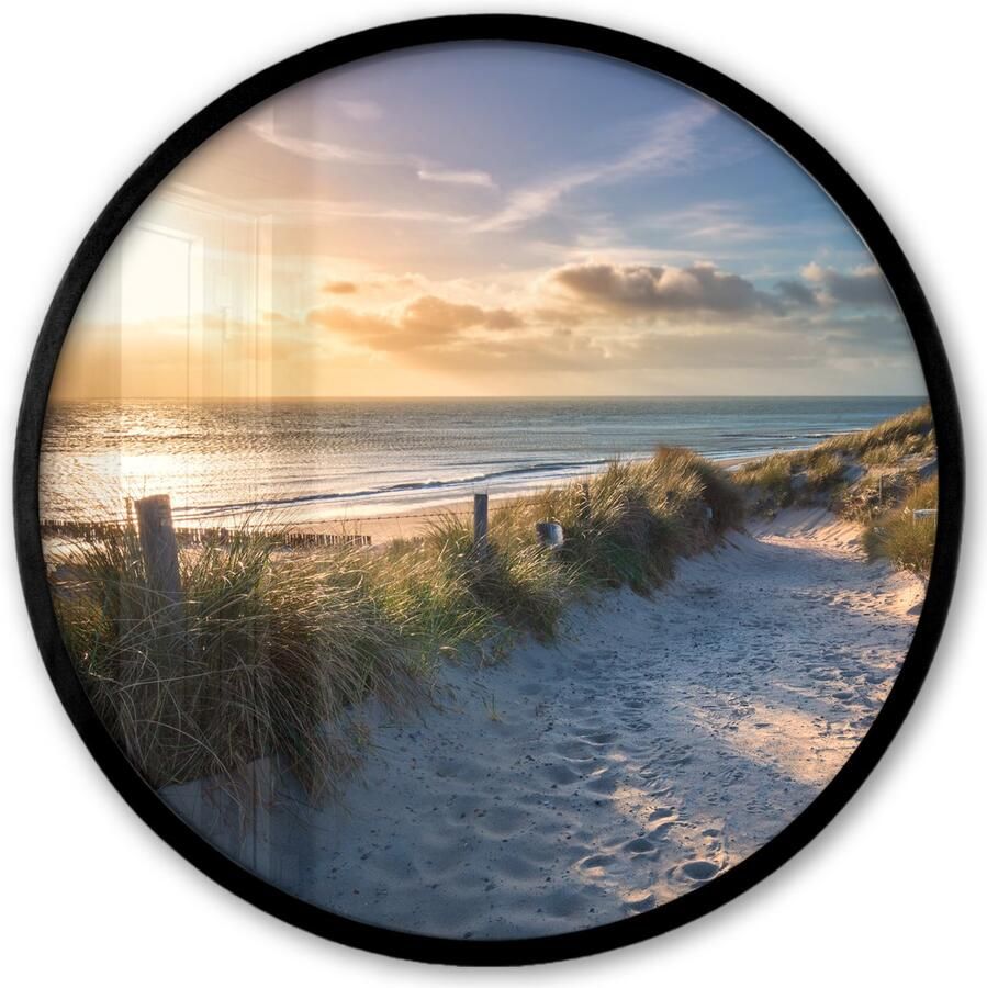 FrameYourWall Poster in lijst Rond Fotolijst 40x40 cm Posters Zonsondergang Strand Duin Gras Bank Ronde posterlijst zwart Decoratie Wanddecoratie woonkamer Muurdecoratie slaapkamer