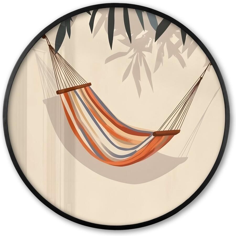 FrameYourWall Poster in lijst Rond Fotolijst 60x60 cm Posters Hangmat Kleurrijk Bladeren Schaduw Ronde posterlijst zwart Decoratie Wanddecoratie woonkamer Muurdecoratie slaapkamer