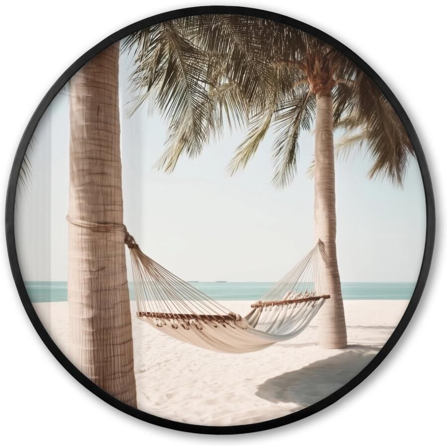 FrameYourWall Poster in lijst Rond Fotolijst 80x80 cm Posters Hangmat Palmbomen Strand Zee Ronde posterlijst zwart Decoratie Wanddecoratie woonkamer Muurdecoratie slaapkamer