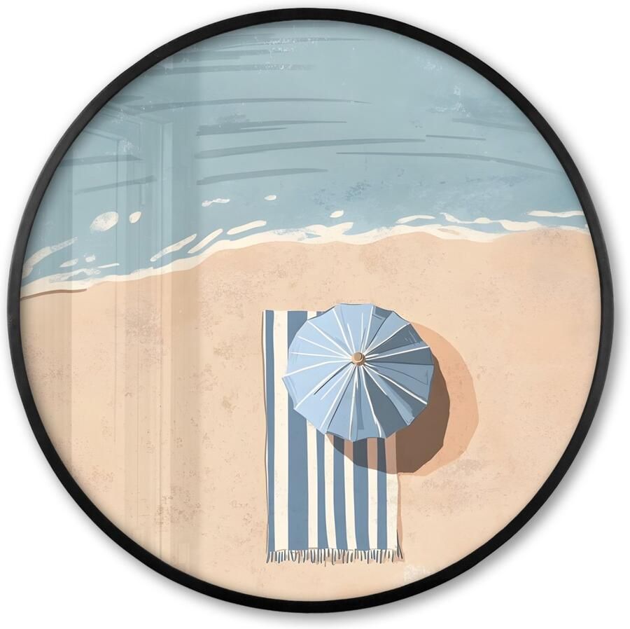 FrameYourWall Poster in lijst Rond Fotolijst 80x80 cm Posters Strandlaken Strepen Parasol Strand Ronde posterlijst zwart Decoratie Wanddecoratie woonkamer Muurdecoratie slaapkamer