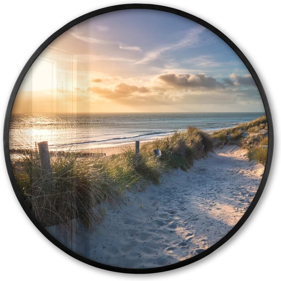 FrameYourWall Poster in lijst Rond Fotolijst 80x80 cm Posters Zonsondergang Strand Duin Gras Bank Ronde posterlijst zwart Decoratie Wanddecoratie woonkamer Muurdecoratie slaapkamer