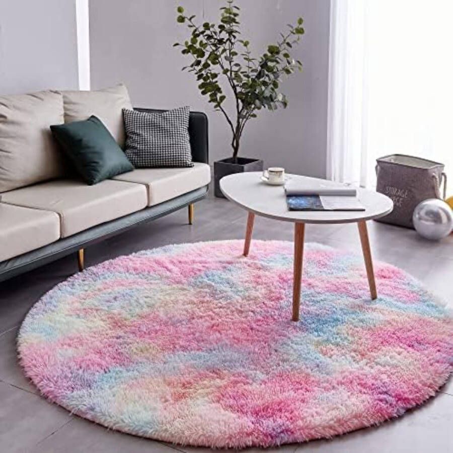 Fred. Superzacht Fluffy Vloerkleed Rond Voor Woonkamer Slaapkamer Hal Kinderkamer Tapijt voor buiten Patio Terras- 150cm Regenboog