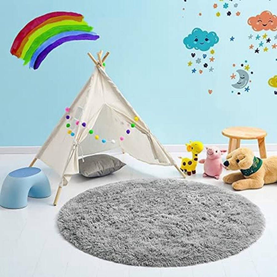 Fred. Zacht Fluffy Vloerkleed Rond Woonkamer slaapkamer Tapijt voor buitenruimte Terras Patio 150cm grijs