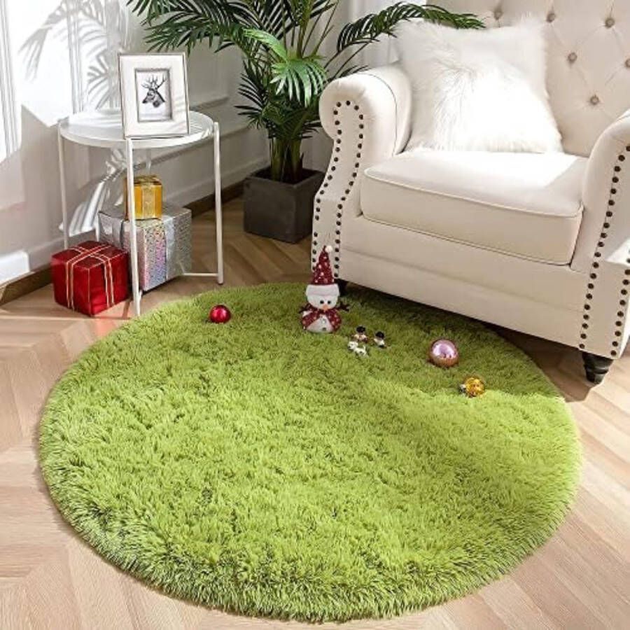 Fred. Zacht Cosy Fluffy Shaggy Vloerkleed Rond Woonkamer Slaapkamer Hal Kinderkamer Tapijt voor buiten Patio Terras 120cm - Groen