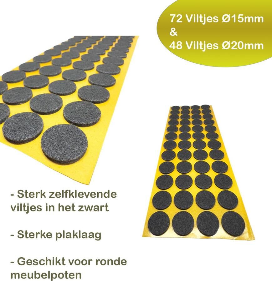 FSW-Products FSW-Producs Anti Kras Vloerbeschermers Viltjes Zwart 120 Stuks 15mm dia en 20mm dia 3mm Dik Zelfklevend Meubelvilt Vloerglijders Stoelviltjes Vilt Plakvilt