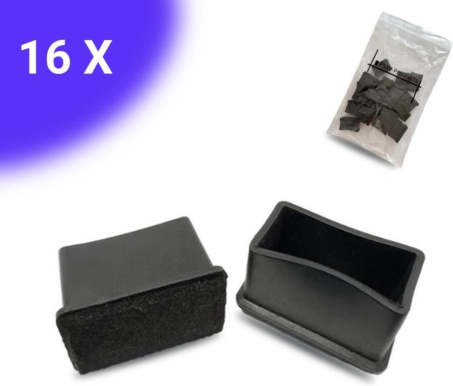 FSW-Products FSW-s 16x Premium Stoelpootdoppen Flexibel 30x15 mm Antikras Vilt Stoelpoot beschermers Viltjes Meubelvilt Vloerbescherming Zwart Rechthoekig