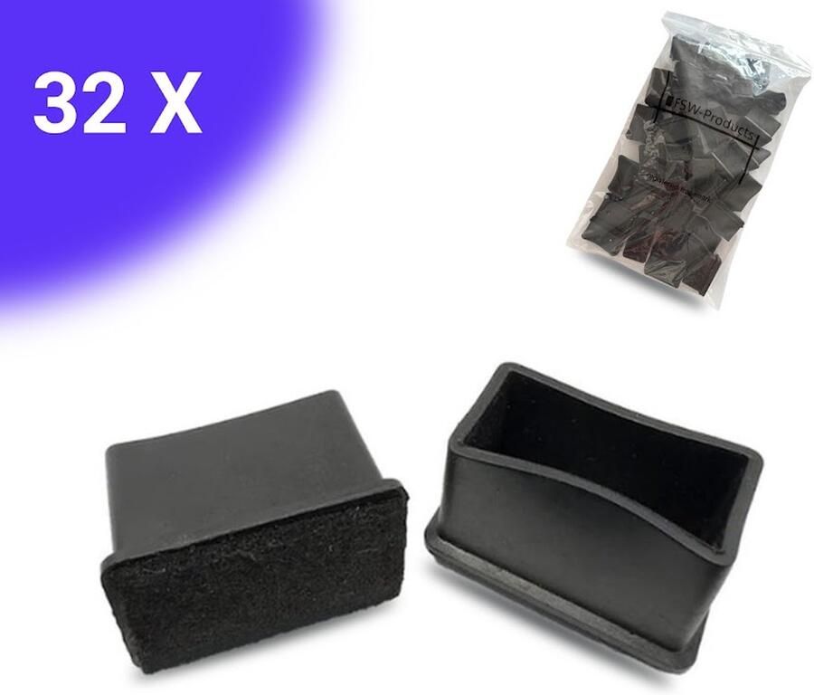 FSW-Products FSW-s 32x Premium Stoelpootdoppen Flexibel 30x20 mm Antikras Vilt Stoelpoot beschermers Viltjes Meubelvilt Vloerbescherming Zwart Rechthoekig