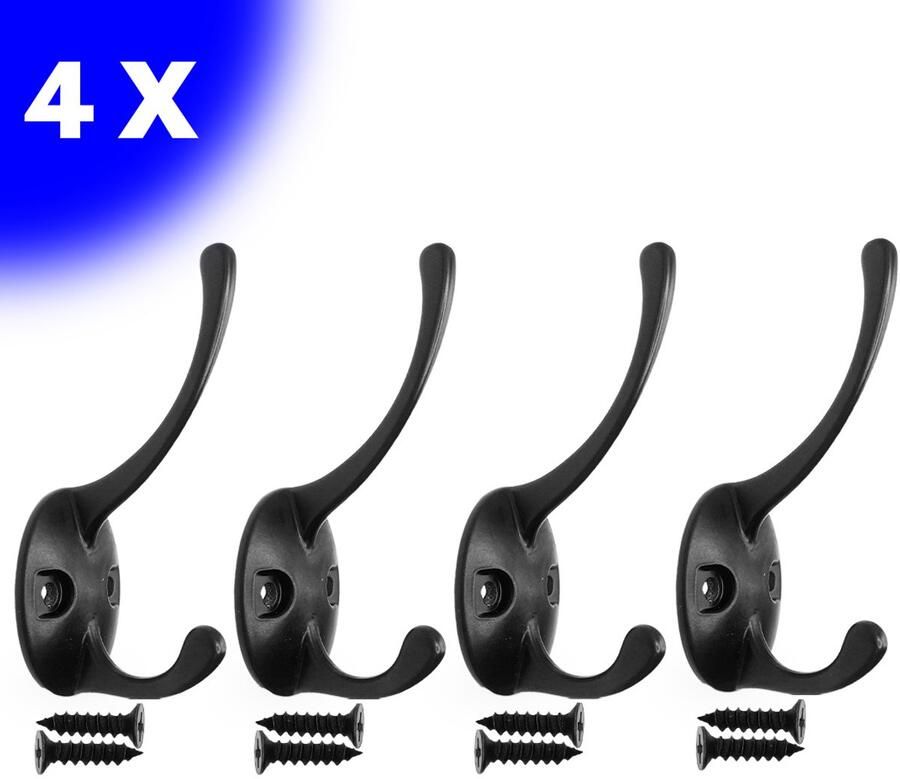 FSW-Products FSW-s Zwarte Aluminium Kapstokhaken – Set van 4 Sterke Wandhaken met Schroeven – Jashaken voor Muur & Deur – Ideaal voor Jassen Tassen & Handdoeken – Ophanghaken