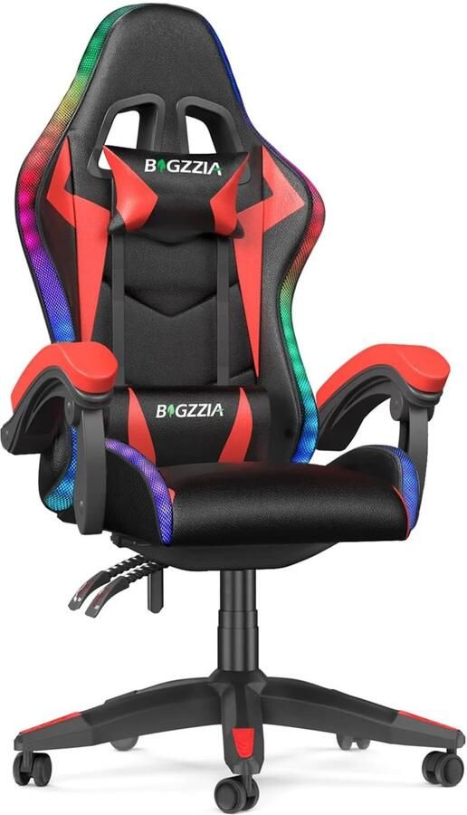 Fubzz Gamingstoel RGB LED Gamestoel Ergonomische Computerstoel Met Hoofdsteun & Lendenkussen Verstelbare Rugleuning Zwart Rood