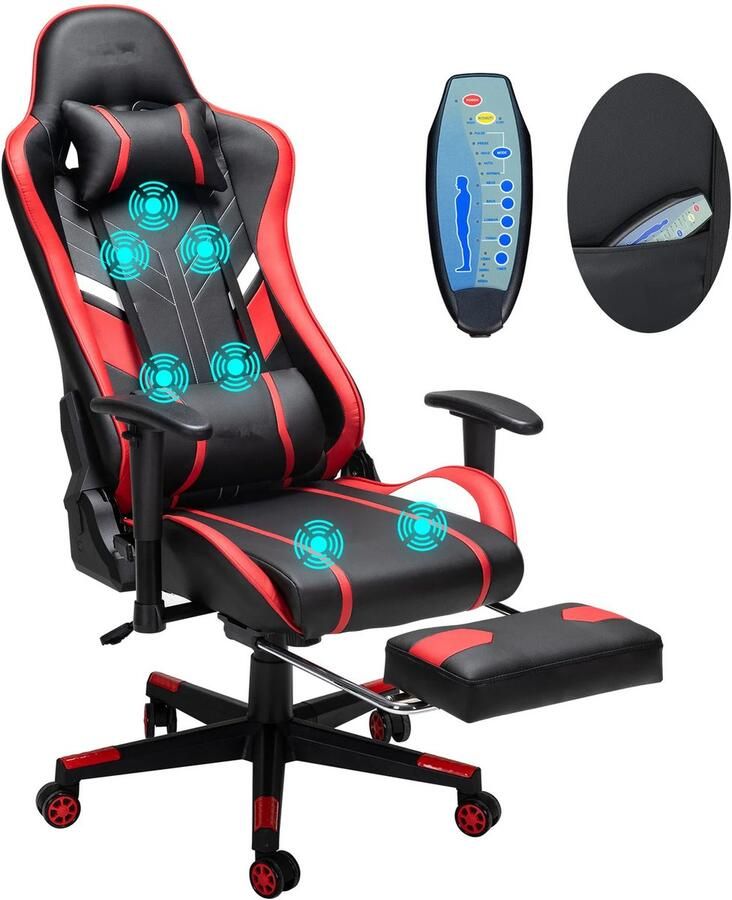 Fubzz Massage-Gamingstoel Ergonomische Bureaustoel Met Voetsteun En Lendensteun 7 Punts Massage Verstelbare Hoogte PU Leer 175° Zwart&Rood