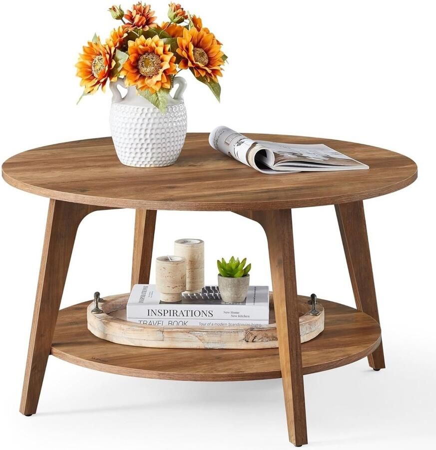 Fubzz Salontafel Rond Houten Koffietafel Honing Bruin Design 2 Verdiepingen 80 Ø Cm Hoogte 45 Cm Stevig MDF Materiaal Eenvoudige Montage