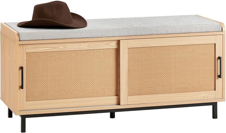 Fubzz Schoenenbank Met Zitplank Schoenenkast Met Schuifdeuren Bank Met Opbergruimte En Ladekast Natuurlijk Rotan Design Naturel MDF 110x49x40