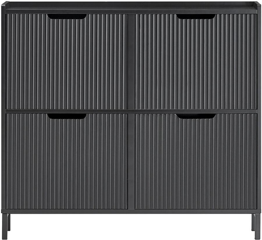 Fubzz Schoenenkast 4 Flap Smal Schoenenrek Opbergkast Voor 4 Planken Ruimtebesparend Hal Meubel Zwart MDF Metaal 100x91x19cm