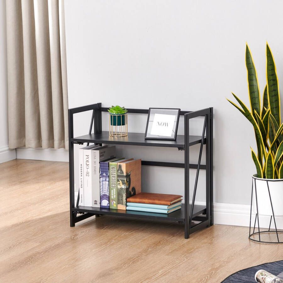 Fuleadture Boekenkast Zwart Boekenrek Opbergrekje Opvouwbare 2 Lagen 60x30x55 cm