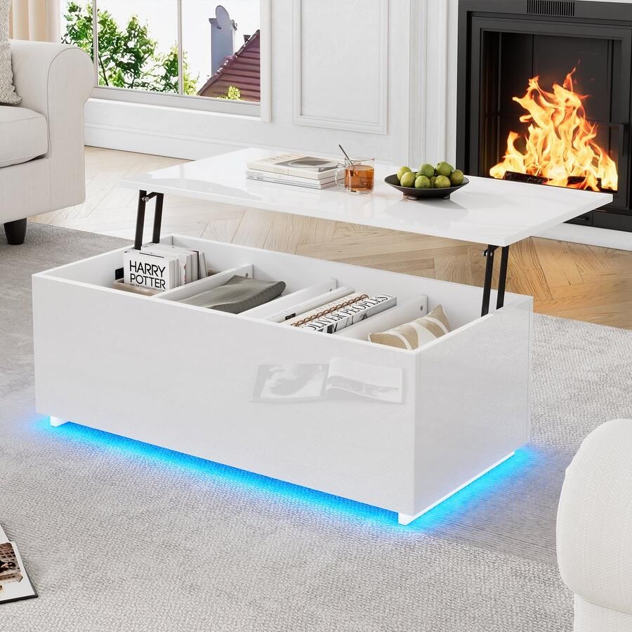 Fuleadture Moderne Salontafel met Slimme LED-Verlichting & Hydraulische Hoogteverstelling Wit Hoogglans Design met 4 Verborgen Opbergvakken USB-Oplaadpunten + App-Bediening (100x50x35 cm 40 kg Draagvermogen) Wit