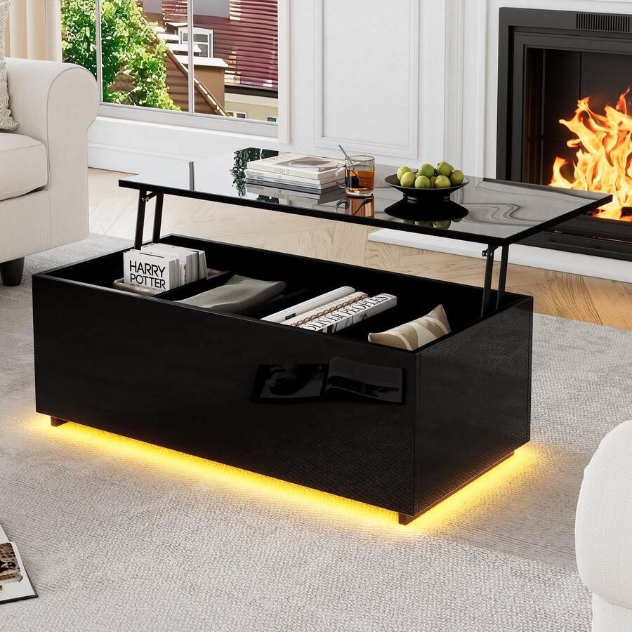 Fuleadture Moderne Salontafel met Slimme LED-Verlichting & Hydraulische Hoogteverstelling Wit Hoogglans Design met 4 Verborgen Opbergvakken USB-Oplaadpunten + App-Bediening (100x50x35 cm 40 kg Draagvermogen) Zwart