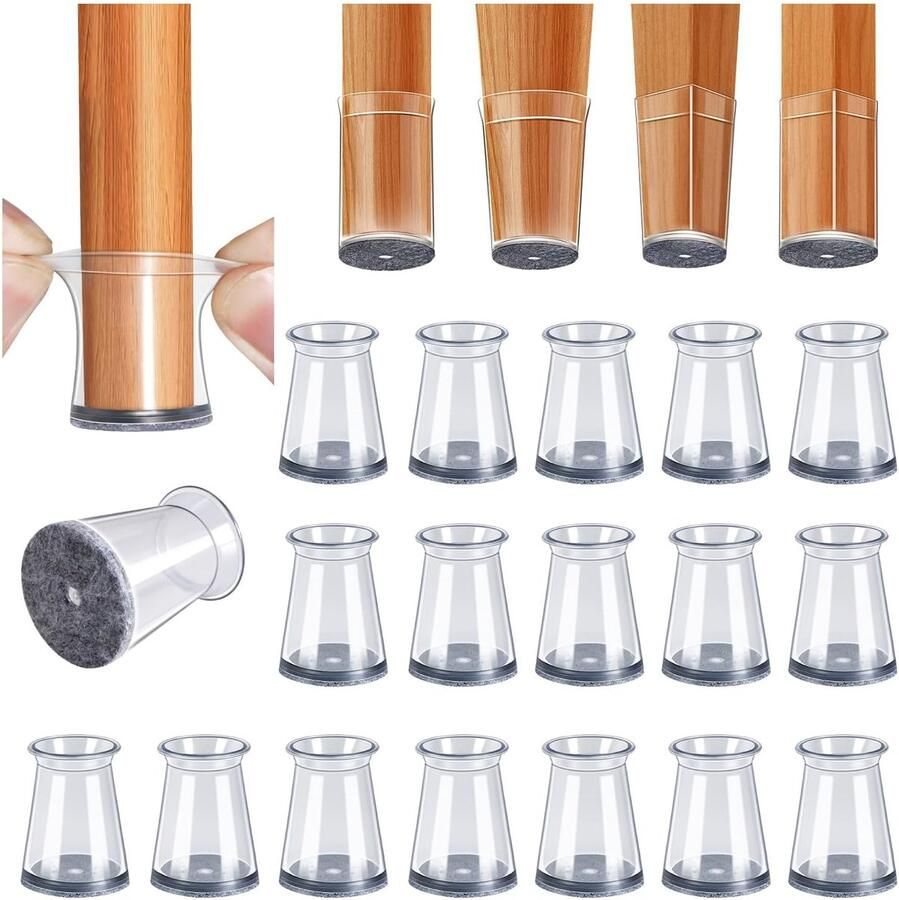 Fuleadture Stoelpoot Beschermers – 32 Stuks – Siliconen Stoeldoppen met Vilt – Rond – Anti-Kras – Geluidsdempend – Voor Houten Vloeren – Transparant Grijze Vilt S