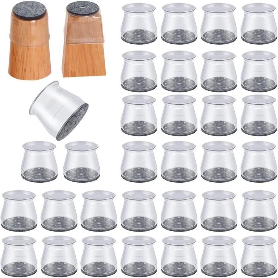 Fuleadture Stoelpoot Beschermers – 32 Stuks – Siliconen Stoeldoppen met Vilt – Rond – Anti-Kras – Geluidsdempend – Voor Houten Vloeren – Transparant Grijze Vilt L