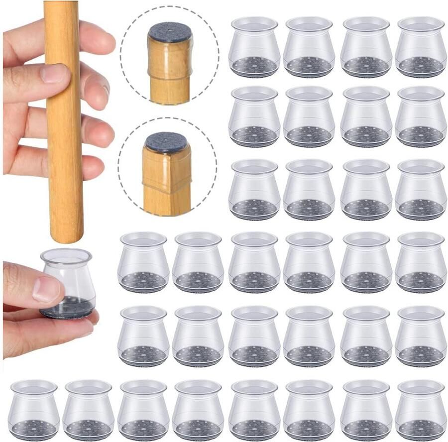 Fuleadture Stoelpoot Beschermers – 32 Stuks – Siliconen Stoeldoppen met Vilt – Rond – Anti-Kras – Geluidsdempend – Voor Houten Vloeren – Transparant Grijze Vilt M
