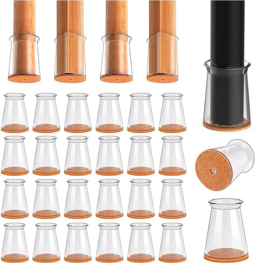 Fuleadture Stoelpoot Beschermers – 32 Stuks – Siliconen Stoeldoppen met Vilt – Rond – Anti-Kras – Geluidsdempend – Voor Houten Vloeren – Transparant Gele Vilt S
