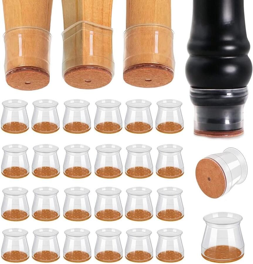 Fuleadture Stoelpoot Beschermers – 32 Stuks – Siliconen Stoeldoppen met Vilt – Rond – Anti-Kras – Geluidsdempend – Voor Houten Vloeren – Transparant Gele Vilt M