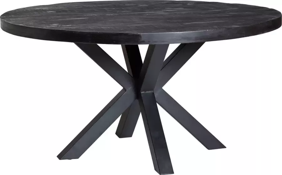 Furn4All Eettafel Rond 130 Cm Mangohout Zwart Metalen Kruispoot Zwart 76 x 130 x 130 cm