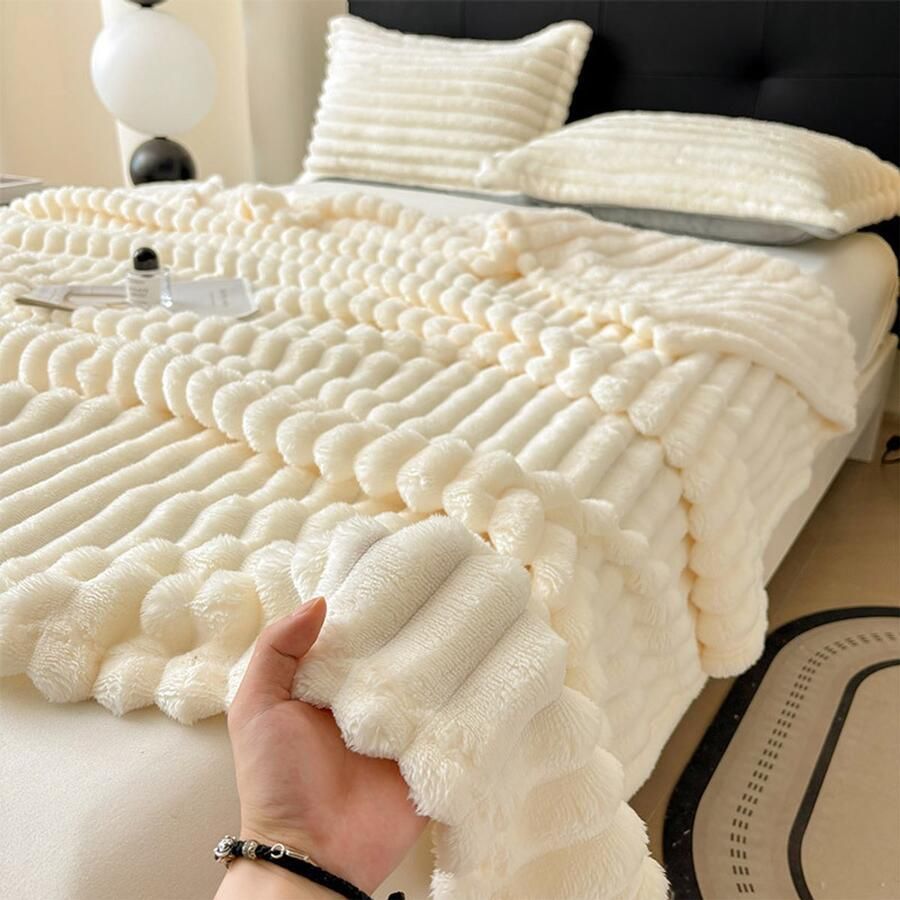 Furnestorica Fleece deken 150 x 200 cm Superzacht Plaid voor Bank Bed of Woonkamer Decoratie Geschenkdecke Plaids Dekentje Geribbeld – Wit