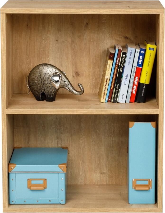 Furni24 Brede boekenkast met 2 compartimenten saffier eiken decor 60x31x77 cm