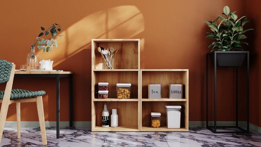 Furni24 Brede boekenkast met 3 compartimenten saffier eiken decor 60x31x115 cm