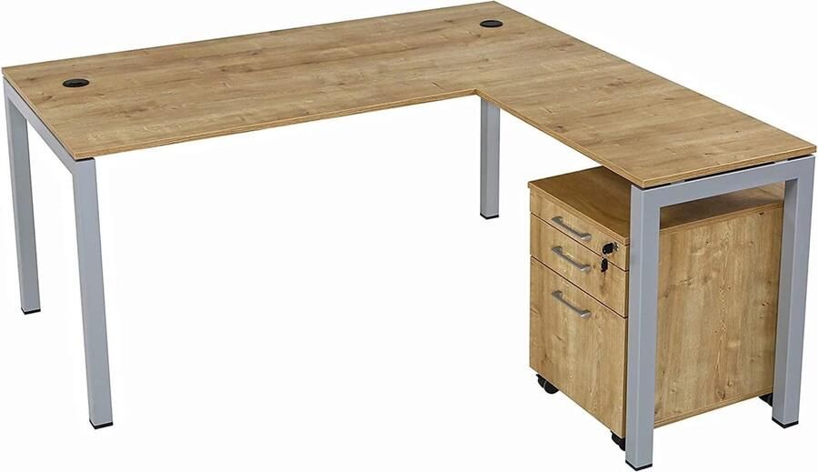 Furni24 Tetra hoekbureau homeoffice 160 cm inclusief verlengstuk rechts of links te monteren saffier eiken decor zilver RAL 9006 incl. kabelgoot