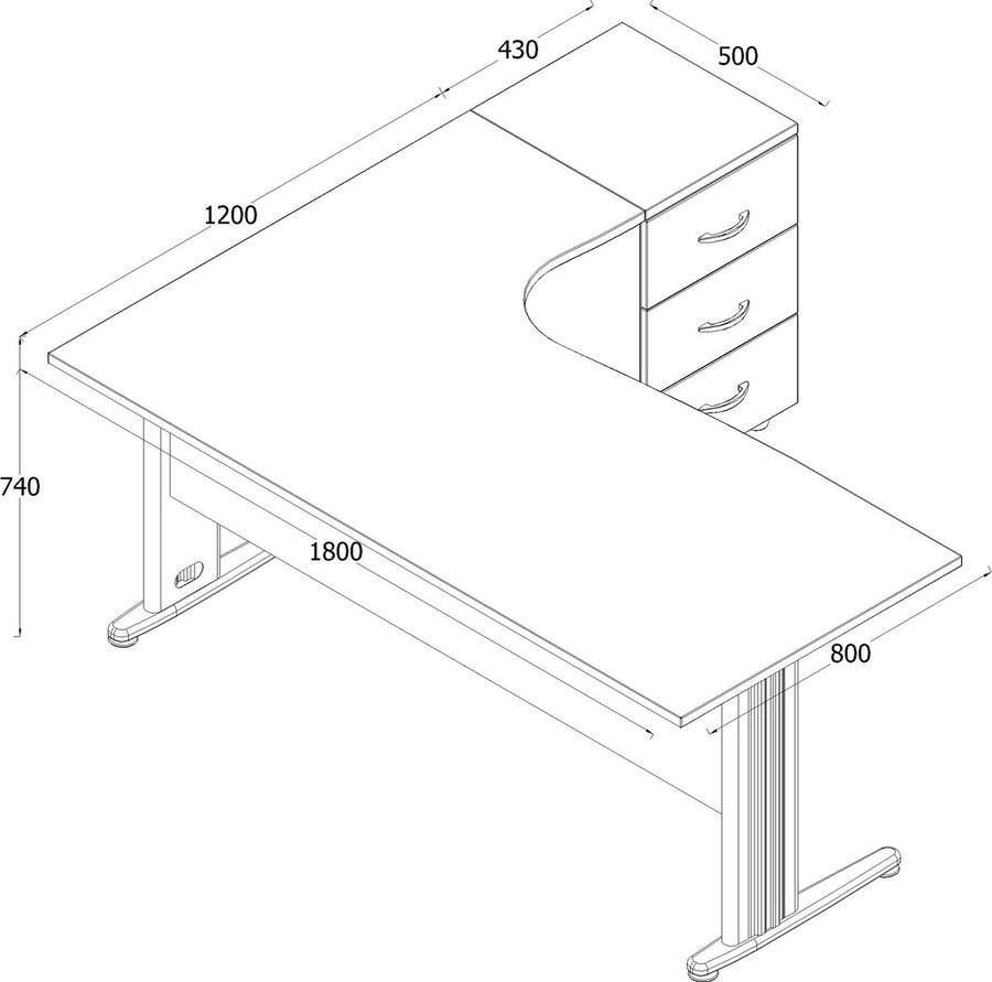 Furni24 Dona hoekbureau met ladekast grijs decor 180 cm x 120 cm x 74 cm inclusief kast met lades hoek naar rechts