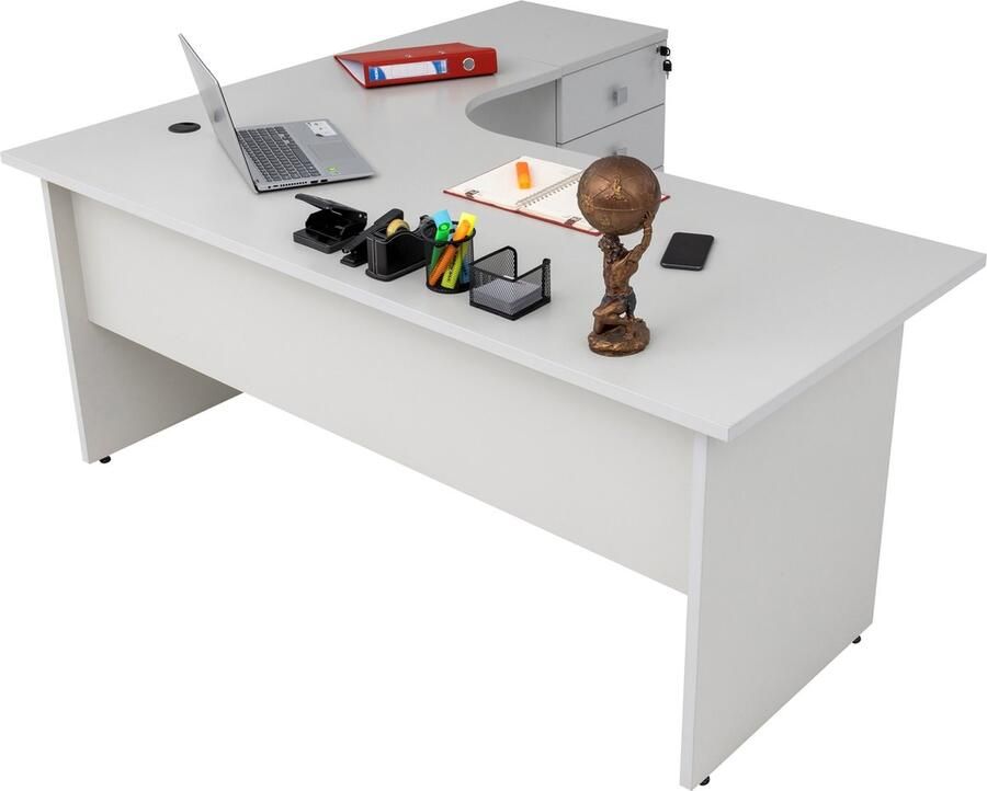 Furni24 Dona hoekbureau met ladekast houten onderstel bureau in grijs decor 180 cm x 120 cm x 74 cm inclusief ladeblok hoek naar rechts