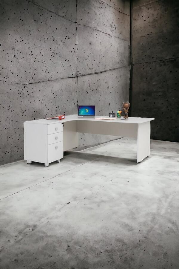 Furni24 Dona hoekbureau homeoffice met ladekast bureau met houten onderstel grijs decor 180 cm x 120 cm x 74 cm hoek naar links