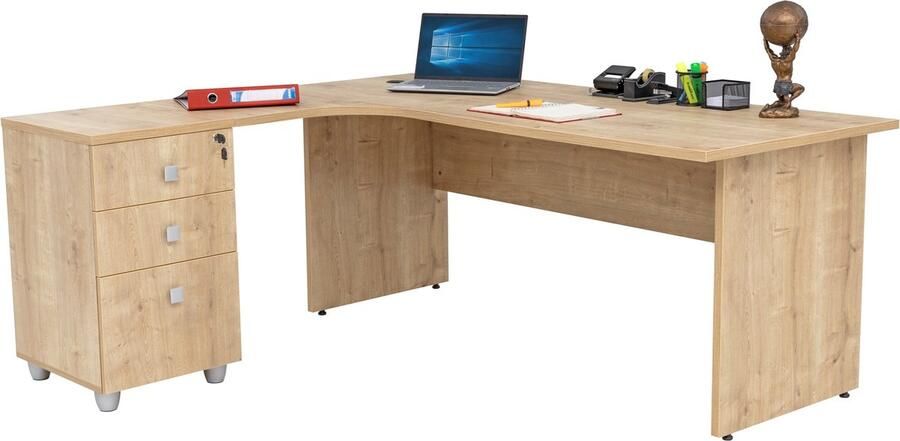 Furni24 Dona hoekbureau homeoffice met ladekast bureau met houten onderstel decor saffier eiken 180 cm x 120 cm x 74 cm hoek naar links