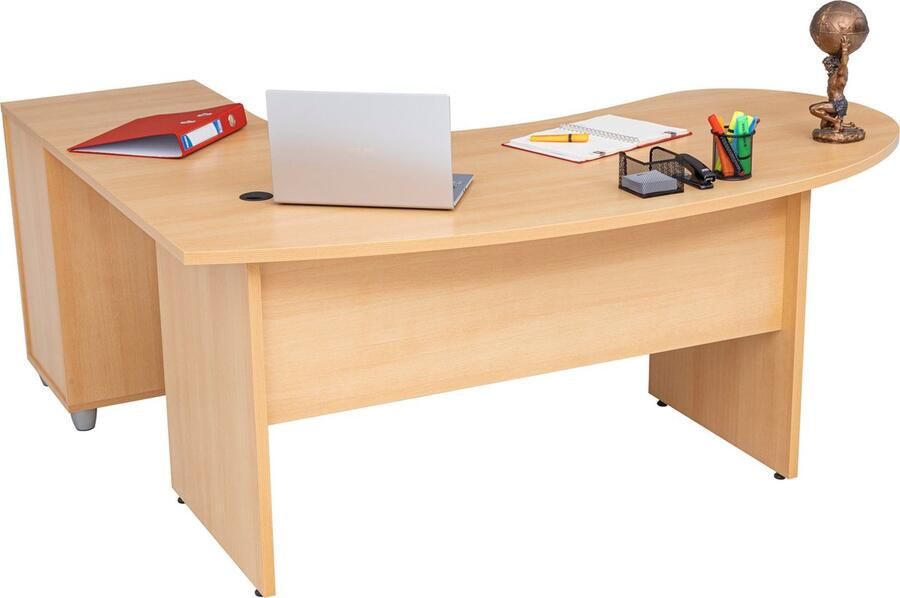 Furni24 Hoekbureau met ladeblok Gela houten poten beukendecor bureau 180 cm x 120 cm x 74 cm inclusief ladekast hoek naar rechts