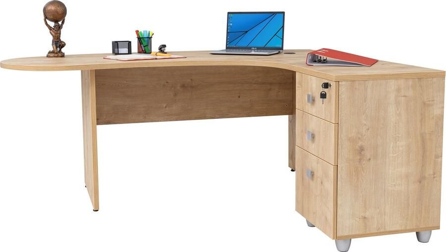 Furni24 Winkelschreibtisch Gela Holzfuss Saphir Eiche Dekor 180 x120 x74 cm inkl. Beistellcontainer rechts gewinkelt