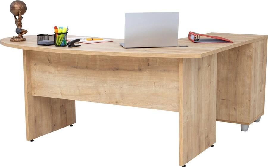 Furni24 Hoekbureau Gela bureau met houten onderstel decor saffier eiken 180x120 x74 cm inclusief ladekast hoek naar links