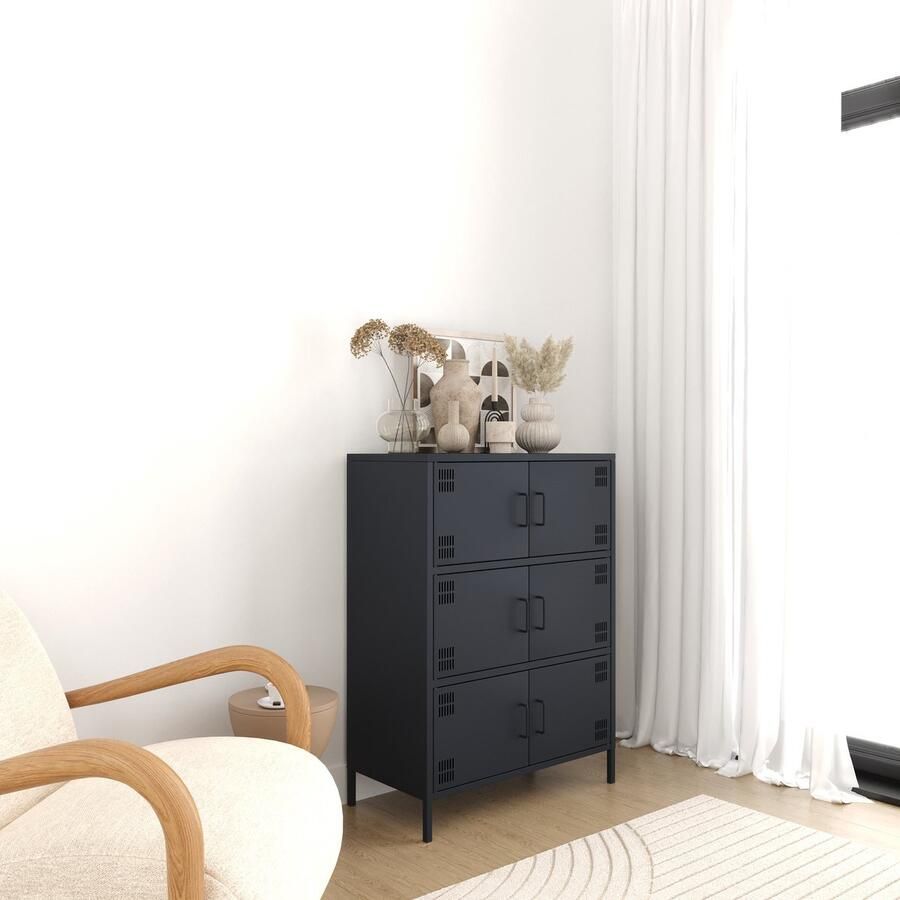 Furni24 Metalen Meubel Dressoir met 6 Deuren 80 5 x 40 x 109 5 cm Antraciet