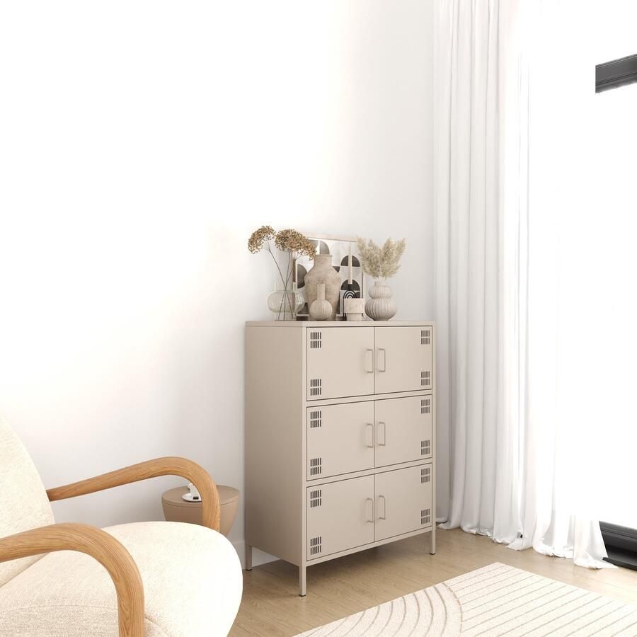 Furni24 Metalen Meubels Dressoir met 6 Deuren 80 5 x 40 x 109 5 cm beige