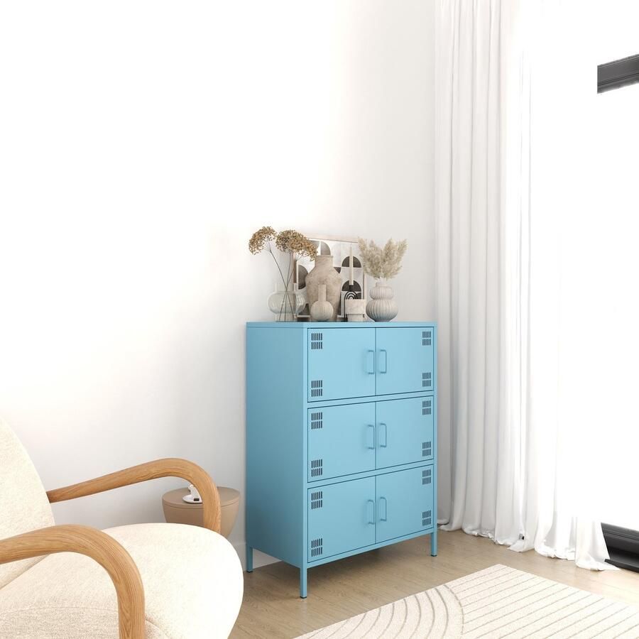 Furni24 Metalen Meubels Dressoir met 6 Deuren 80 5 x 40 x 109 5 cm Blauw