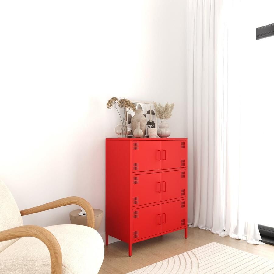 Furni24 Metalen Meubels Dressoir met 6 Deuren 80 5 x 40 x 109 5 cm Rood