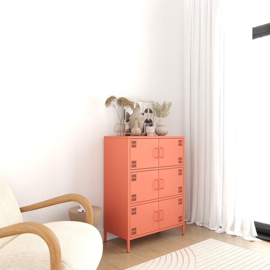 Furni24 Metalen Meubels Dressoir met 6 Deuren 80 5 x 40 x 109 5 cm Zalmkleurig