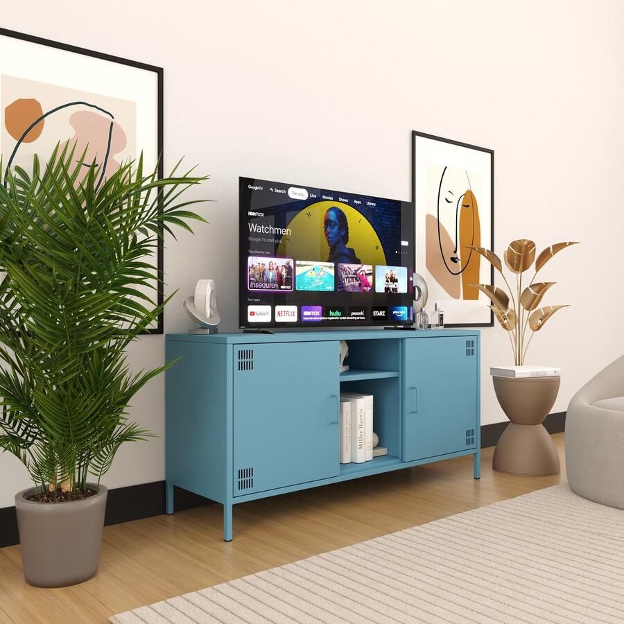 Furni24 Metalen TV meubel – Lowboard met 3 legplanken – 130 5 x 40 x 64 5 cm blauw