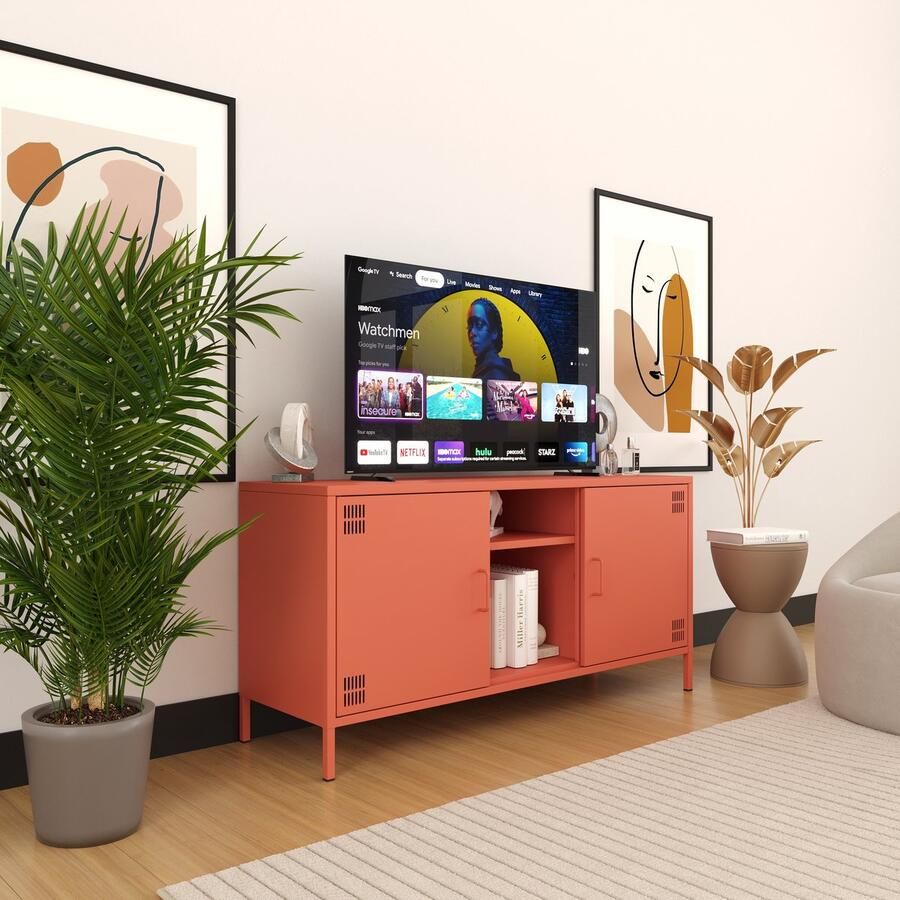 Furni24 Metalen TV meubel – Lowboard met 3 legplanken – 130 5 x 40 x 64 5 cm zalmkleurig