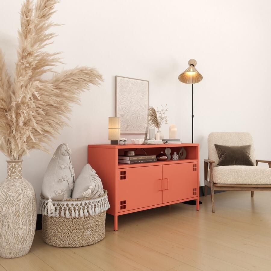 Furni24 Metalen TV meubel – Lowboard met 4 legplanken – 100 5 x 40 x 64 5 cm zalmkleurig