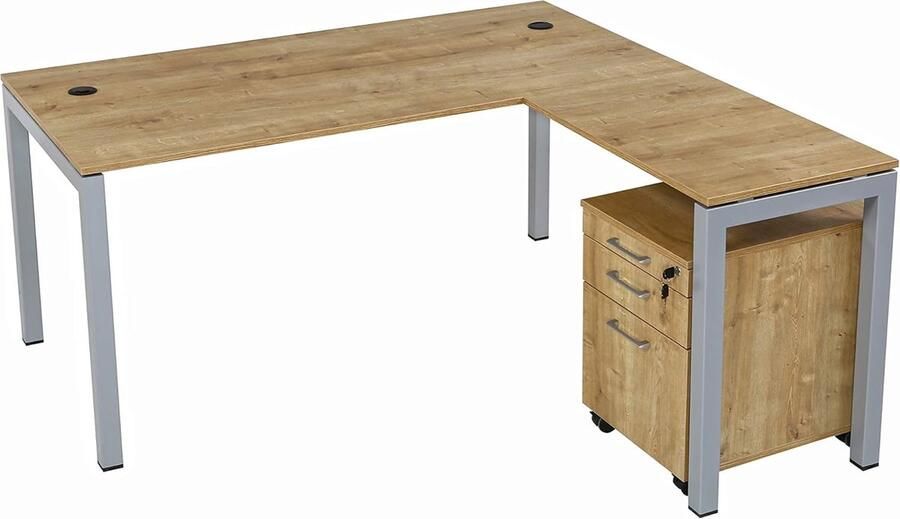 Furni24 Hoekbureau Tetra homeoffice 160 cm inclusief verlengstuk rechts of links te monteren saffier eiken decor zilver RAL 9006